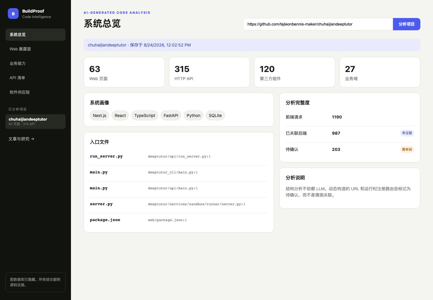 BuildProof 分析 DeepTutor 的系统总览